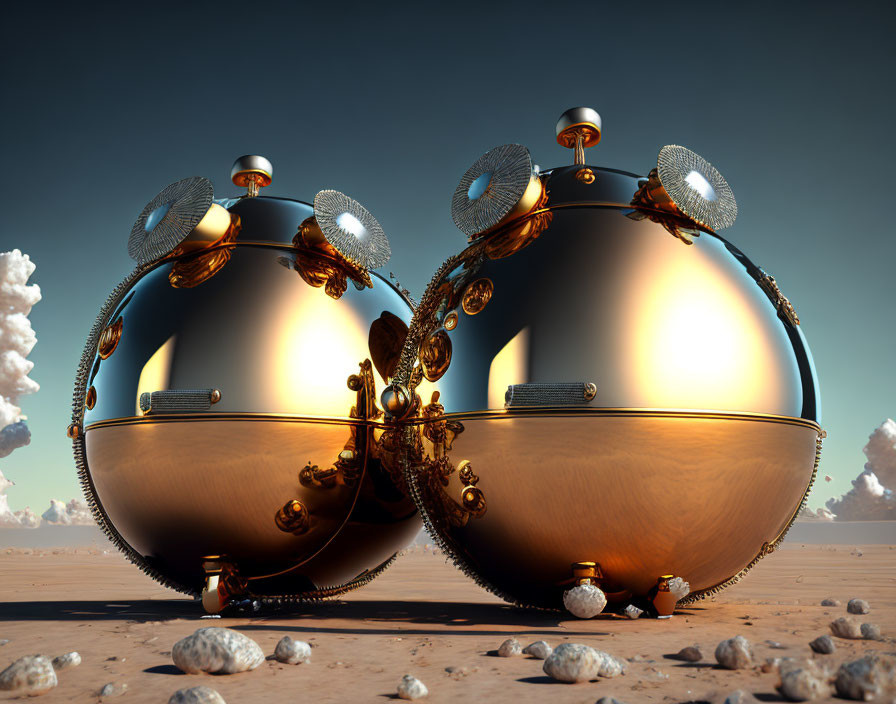 Golden Spherical Objects in Surreal 3D Desert Landscape