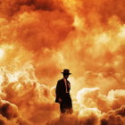 Silhouette of person in hat among fiery, smoky rocks