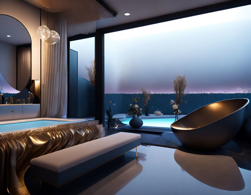 Reflective Floor, Oval Bathtub, Evening View & Ambient Lighting