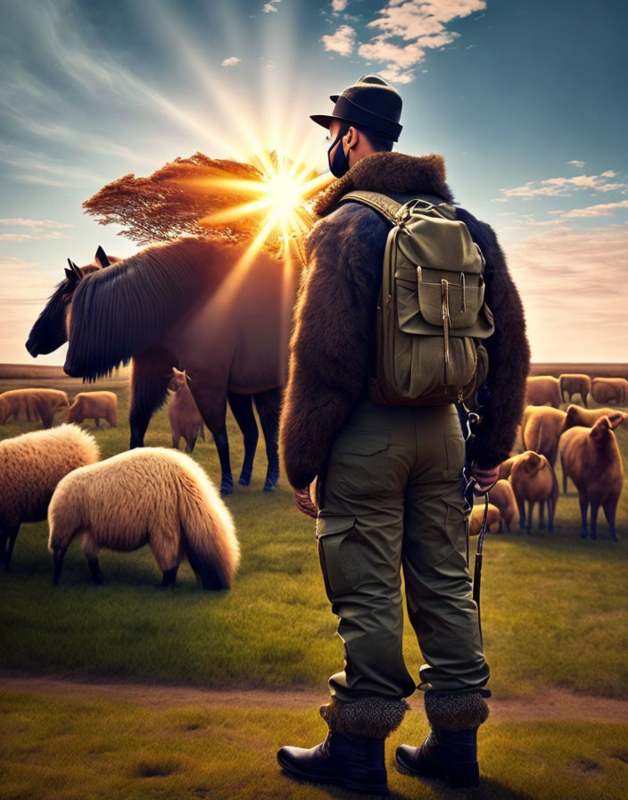 Bearded man in outdoor attire with horse and sheep at sunset