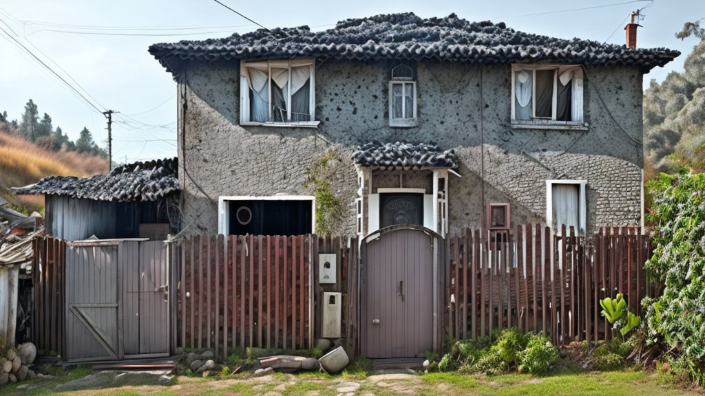 Textured facade two-story house with asymmetrical roof, wooden fence, greenery, and tin shed