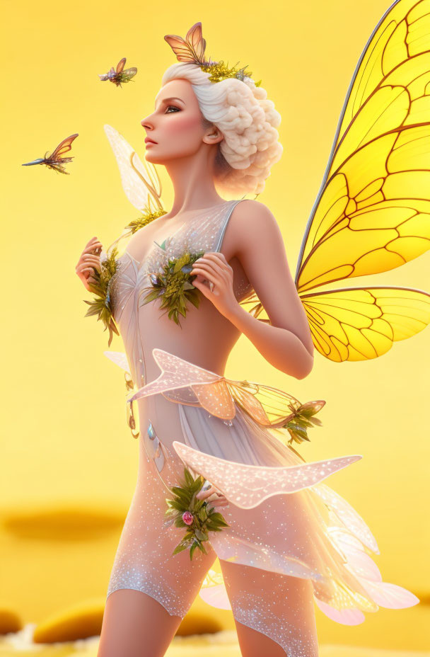 Whimsical fairy creature with translucent wings and butterflies on yellow background