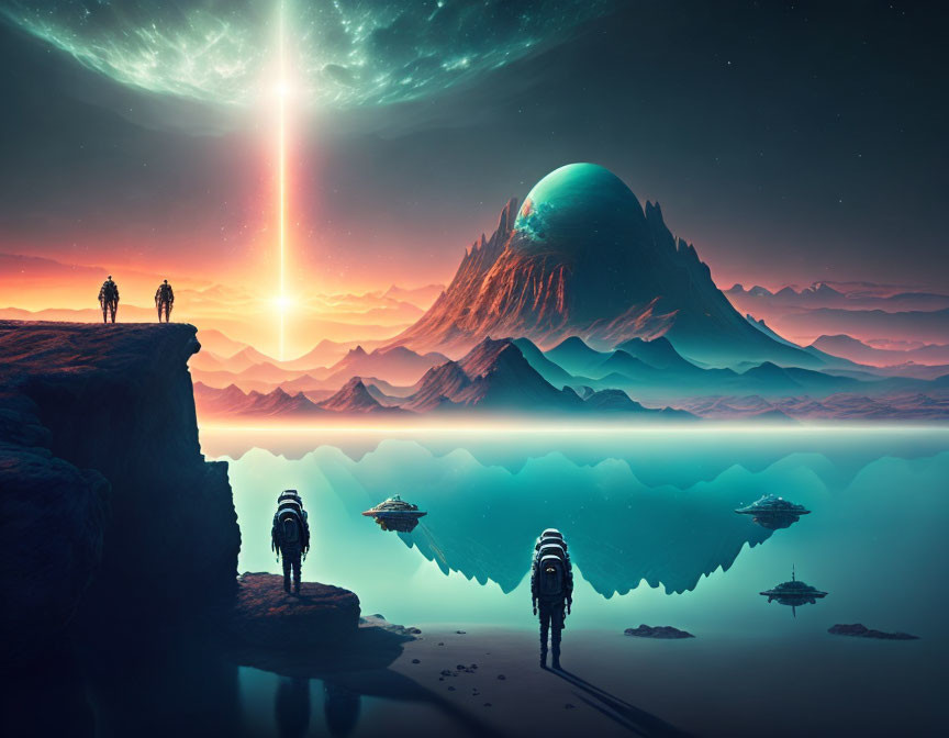 Sci-fi landscape with figures, bright beam, planet, spaceships, water, and mountains at dusk