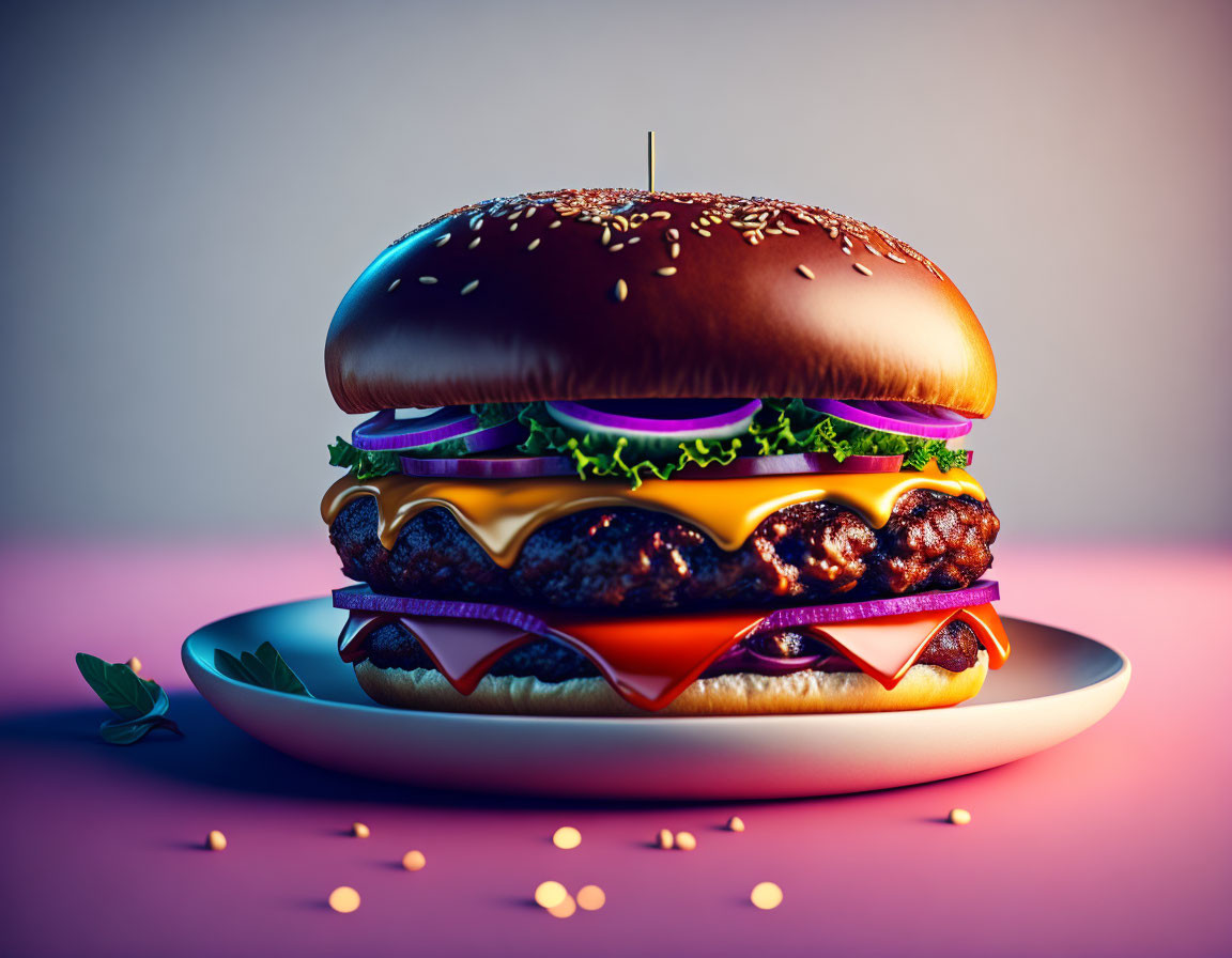 Sesame bun burger with cheese, lettuce, tomato, onion, and patty on plate