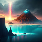 Sci-fi landscape with figures, bright beam, planet, spaceships, water, and mountains at dusk