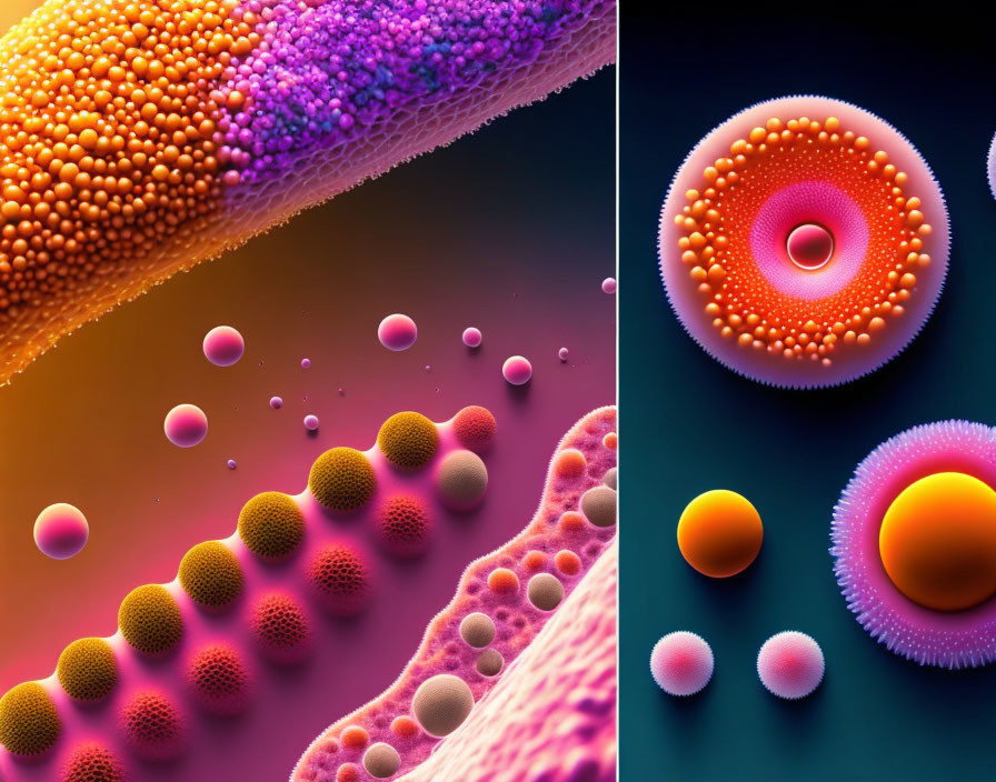 Vibrant spheres depict cellular structures on dual-toned background