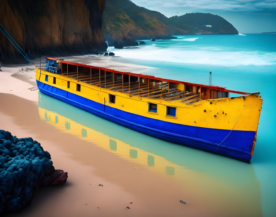 Colorful Shipwreck on Sandy Beach with Cliff Backdrop