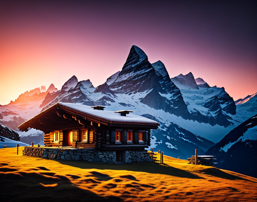 Scenic mountain cabin at sunset with Matterhorn peak in background