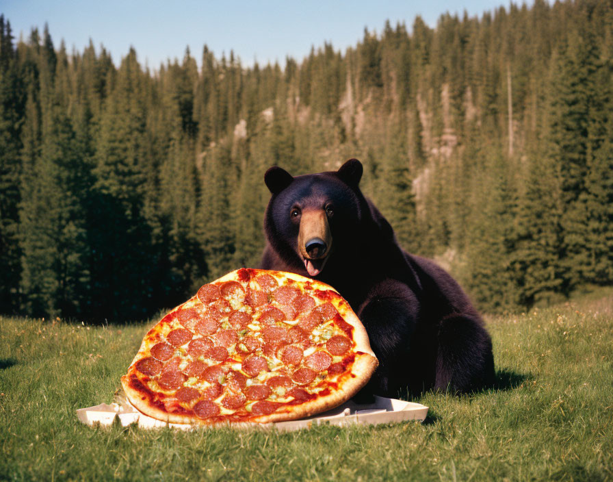 Black bear with pepperoni pizza in forest clearing