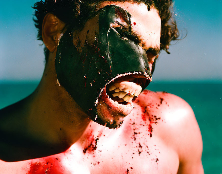 Man wearing black face mask against blue ocean backdrop with blood-like splatters
