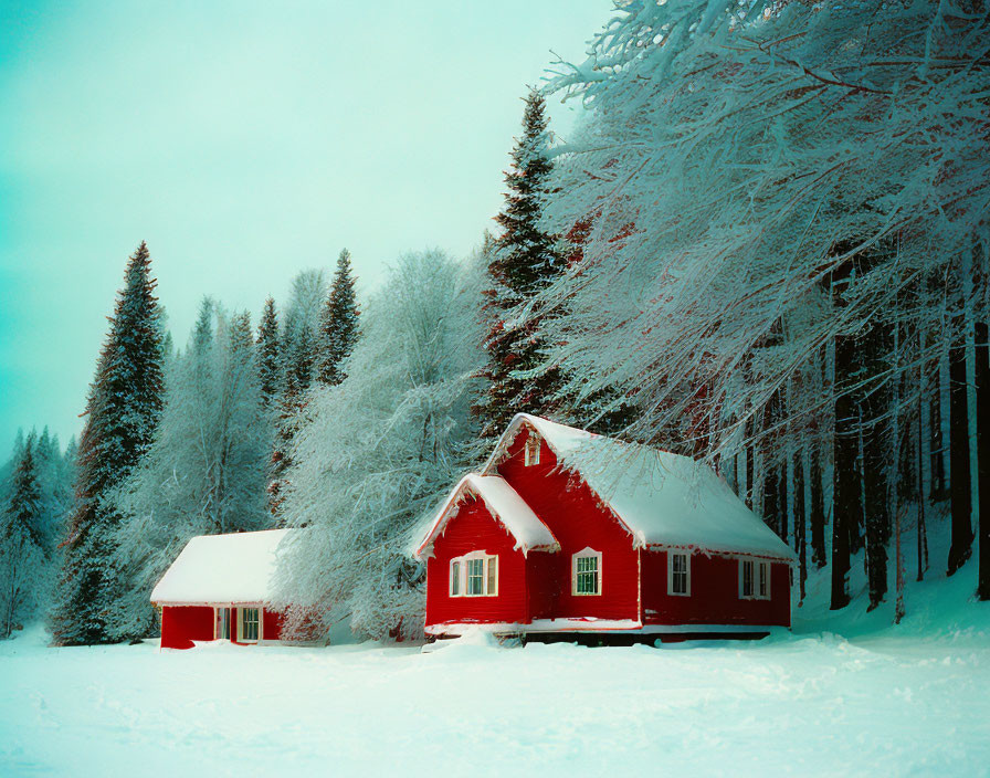 Vivid Red House and Outbuilding in Snowy Landscape