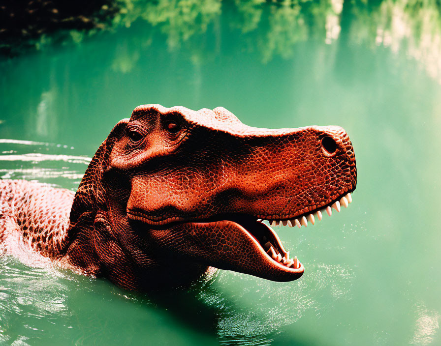 Close-Up Dinosaur Model: Tyrannosaurus Rex with Open Mouth Emerging from Green Water