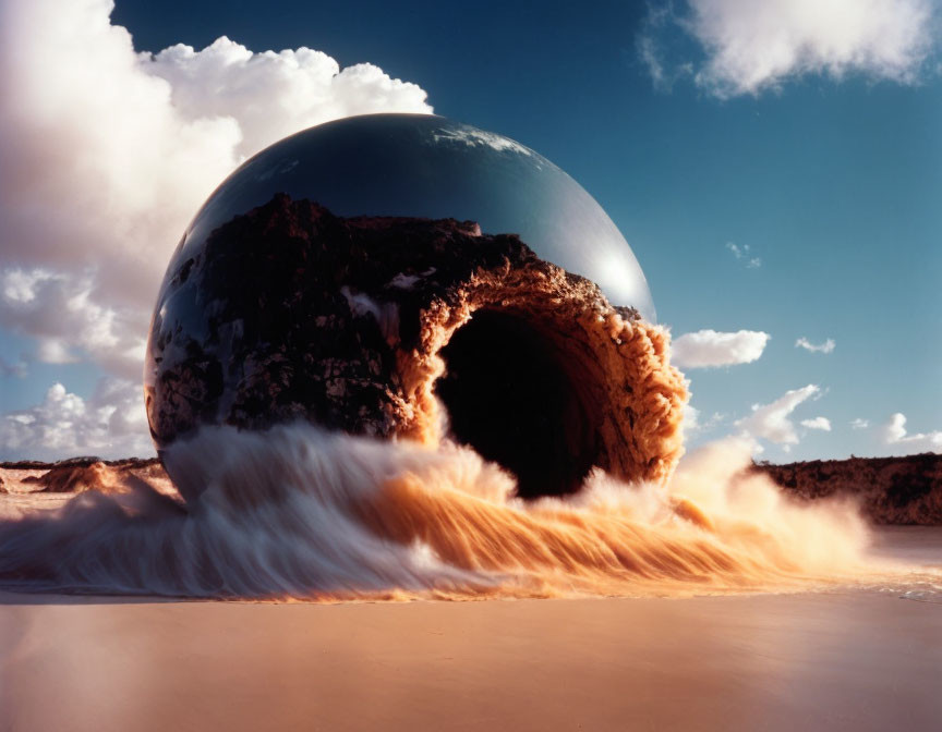 Reflective spherical object on sandy shore with flowing water and cloudy sky