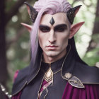 Purple-haired elf-like figure adorned in gold jewelry, standing in forest.