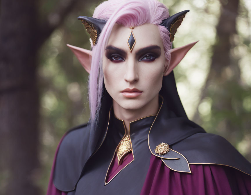 Purple-haired elf-like figure adorned in gold jewelry, standing in forest.