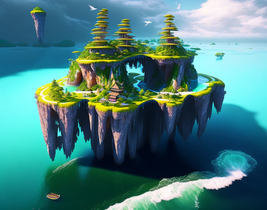 Fantastical landscape with floating islands and pagoda-style structures