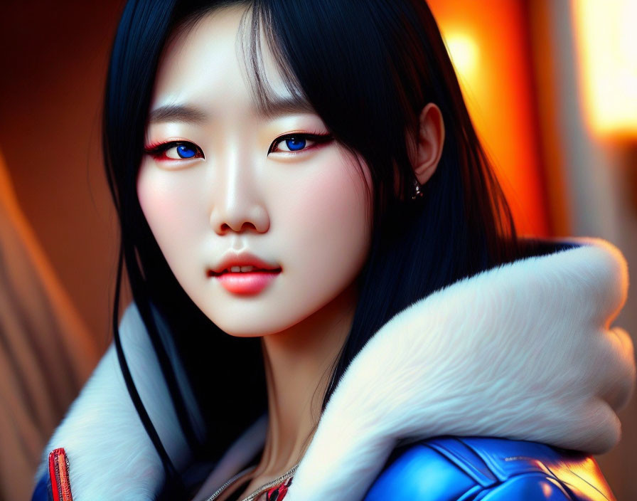 Digital artwork featuring woman with blue eyes, dark hair, and white fur collar under golden light