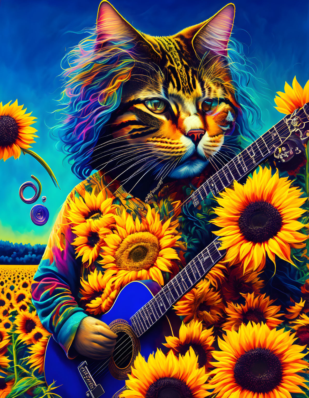 Colorful Cat Playing Guitar in Psychedelic Sunflower Scene