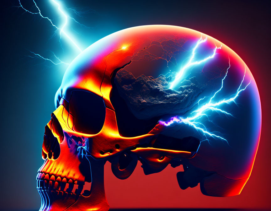 Colorful human skull with blue and orange hues on dark background with lightning bolts