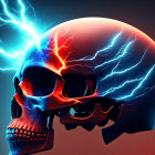 Colorful human skull with blue and orange hues on dark background with lightning bolts