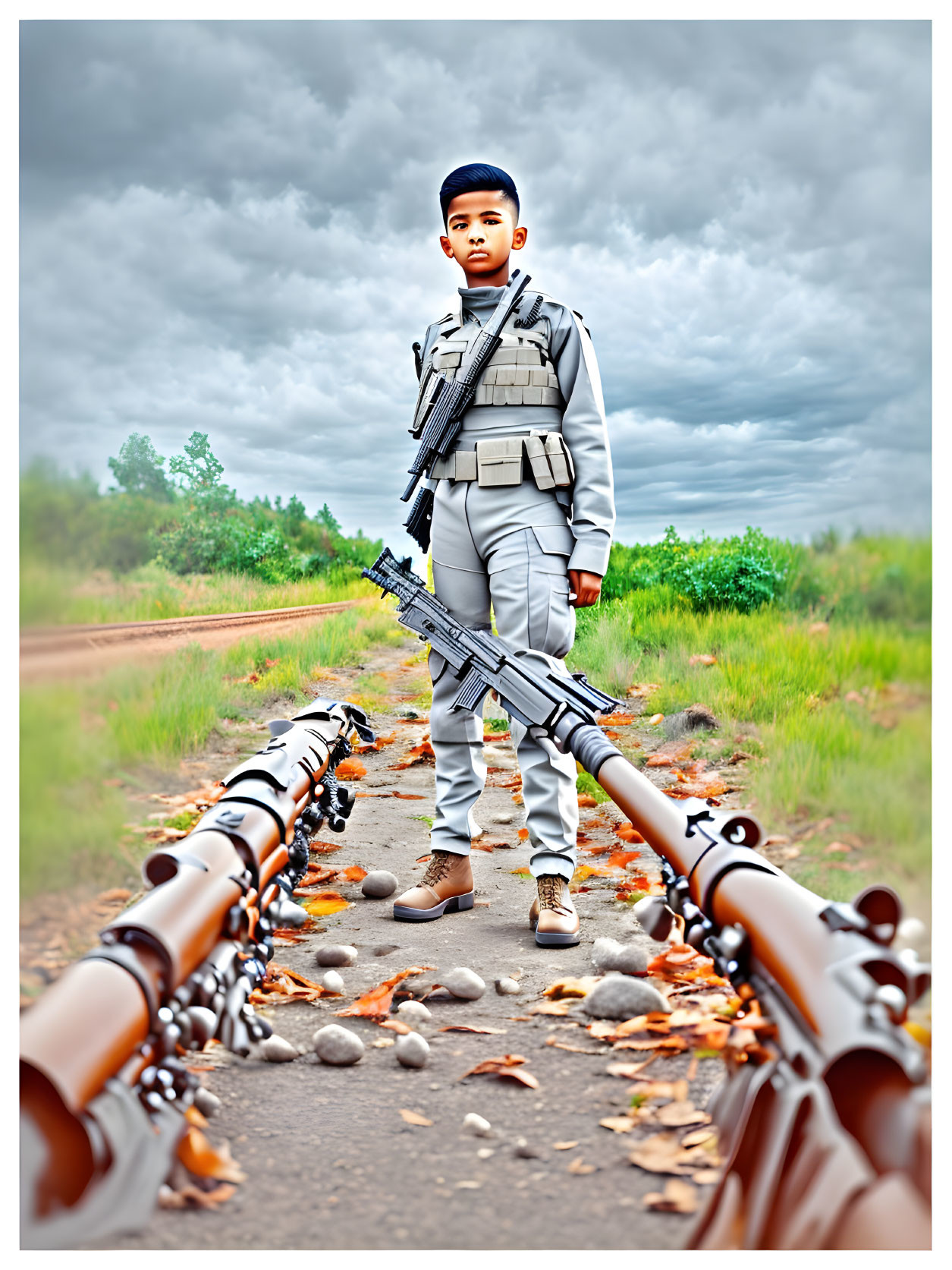 Confident young boy in militaristic outfit with rifle under cloudy sky