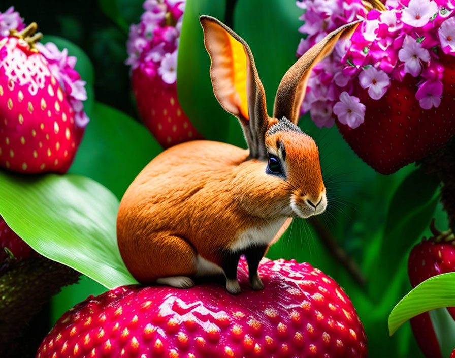 Colorful digital artwork of small rabbit on strawberry in lush garden