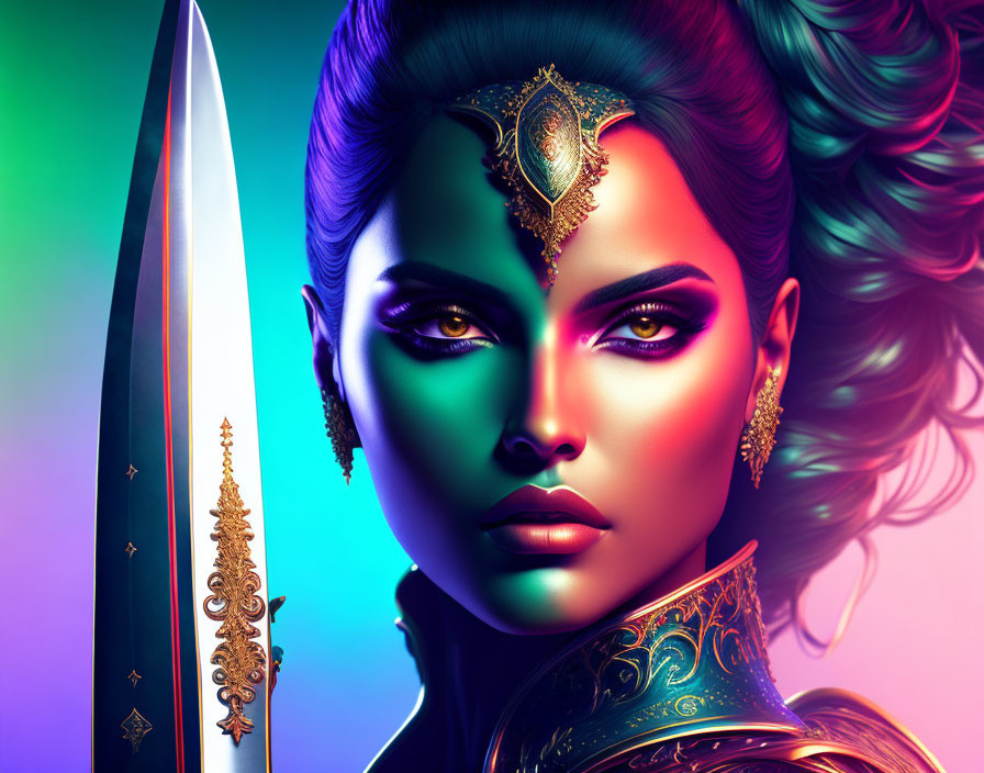 Vibrant green-skinned woman with gold jewelry and intricate sword on colorful background