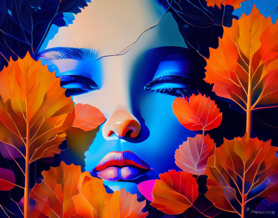 Colorful digital artwork: Woman's face merges with autumn leaf backdrop