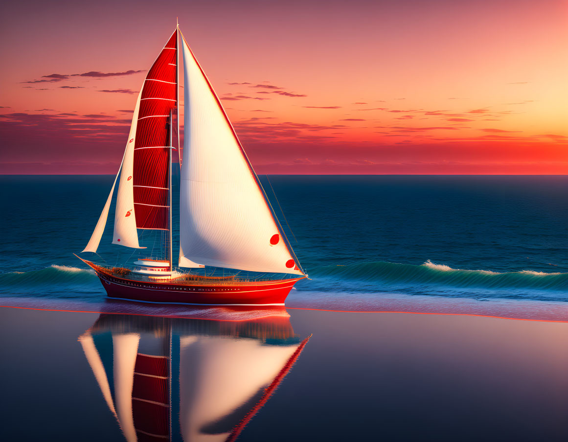 Red sailboat sailing on calm waters at sunset