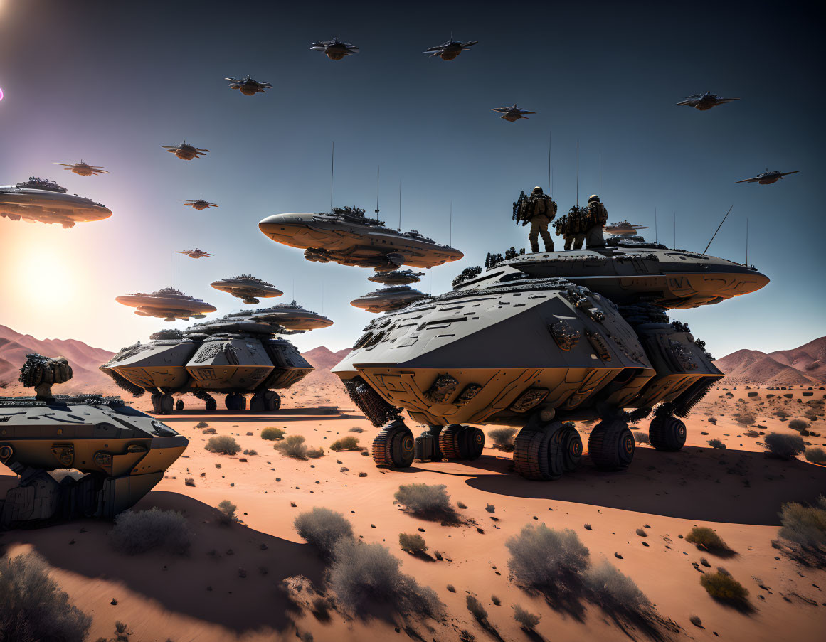 Futuristic tanks and flying saucers in desert landscape