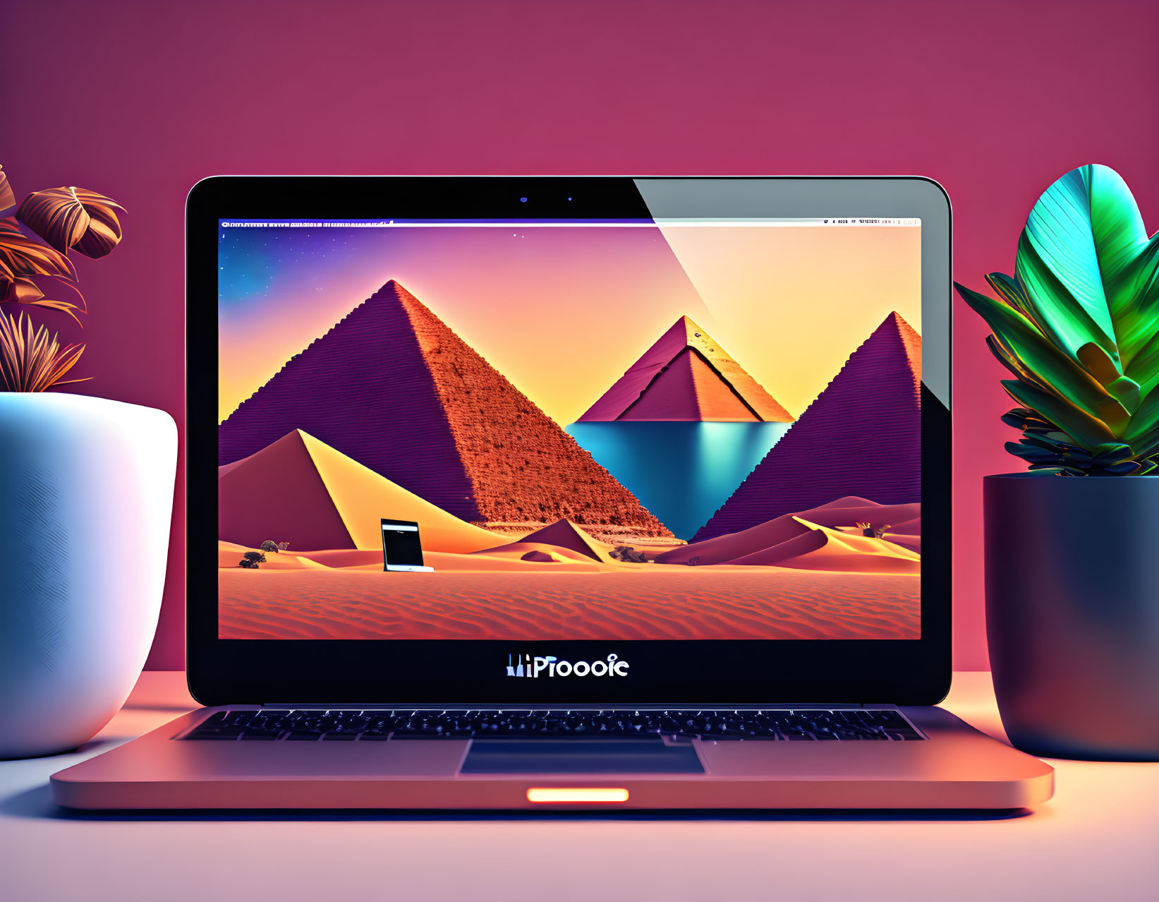 Laptop with pyramid wallpaper and houseplants on pink background