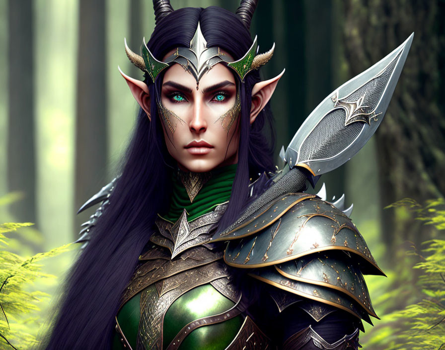 Fantasy elf warrior in green armor with silver crown and blade in mystical forest