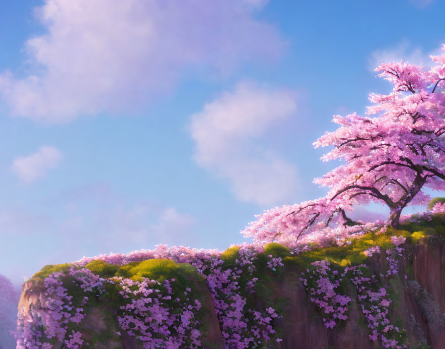 Blossoming cherry blossom tree on cliff with pink clouds & blue sky