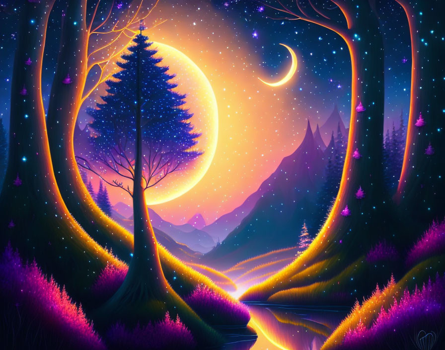 Fantastical night landscape with glowing moon and radiant trees