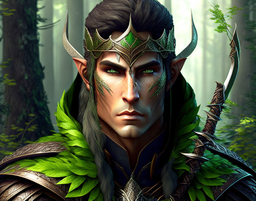 Elven character with silver and green headgear in ethereal forest