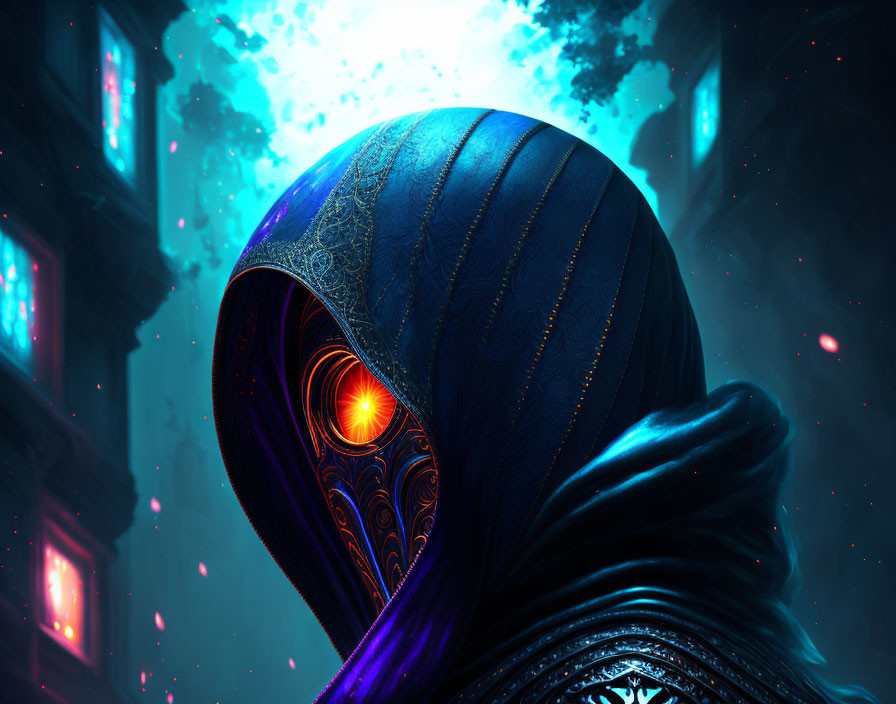 Mysterious Figure in Blue Hooded Cloak on Cosmic Background