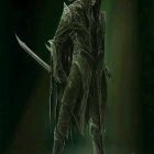 Dark armored figure with glowing green accents and dagger in mysterious mist.