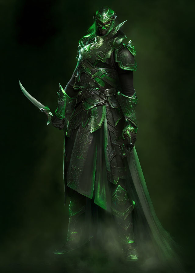 Dark armored figure with glowing green accents and dagger in mysterious mist.