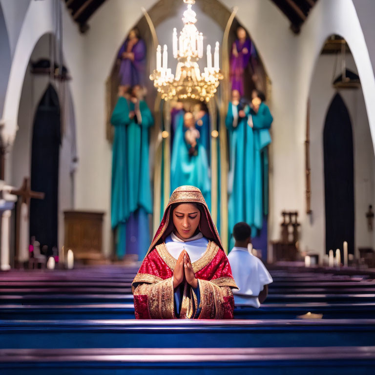 Woman in red shawl praying in church aisle with statues and altar boy