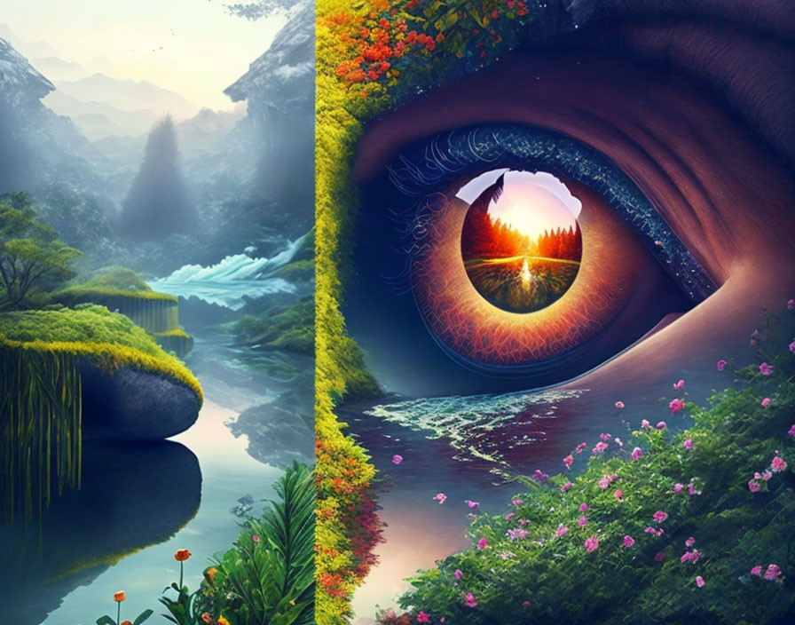 Surreal artwork: idyllic landscape merges with giant eye reflecting sunset