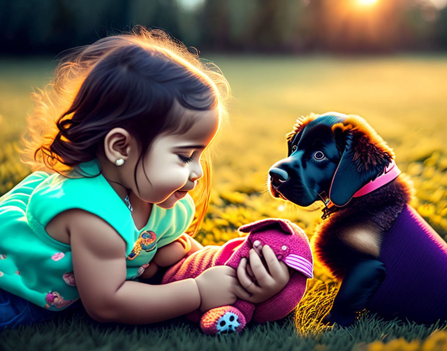 Young girl and puppy playing on grass at dusk in warm sunlight