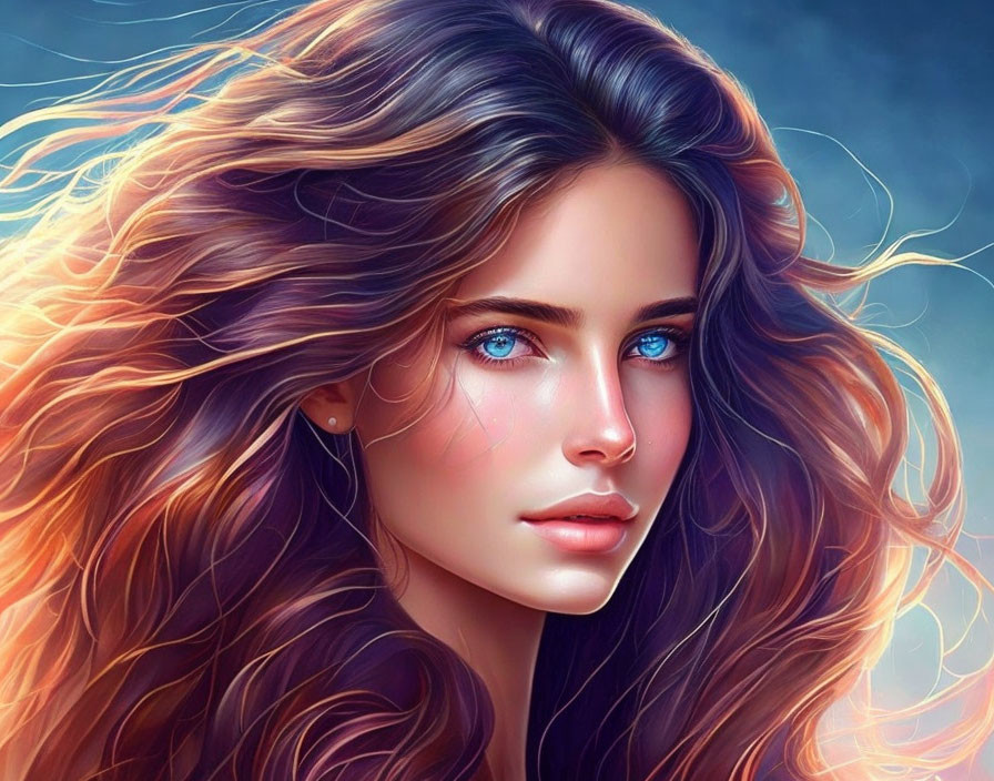 Young woman's digital portrait: vibrant blue eyes, wavy brown and purple hair under soft blue light