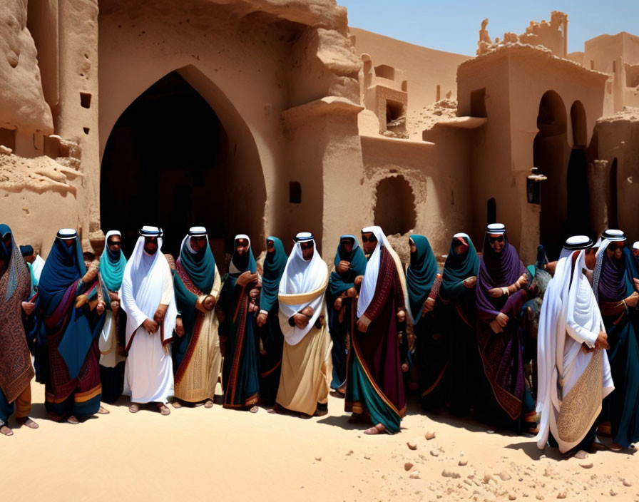 Traditional Middle Eastern Attire Group in Front of Ancient Sandstone Building