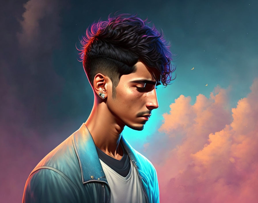 Man with Stylized Hair in Leather Jacket Against Dusk Sky