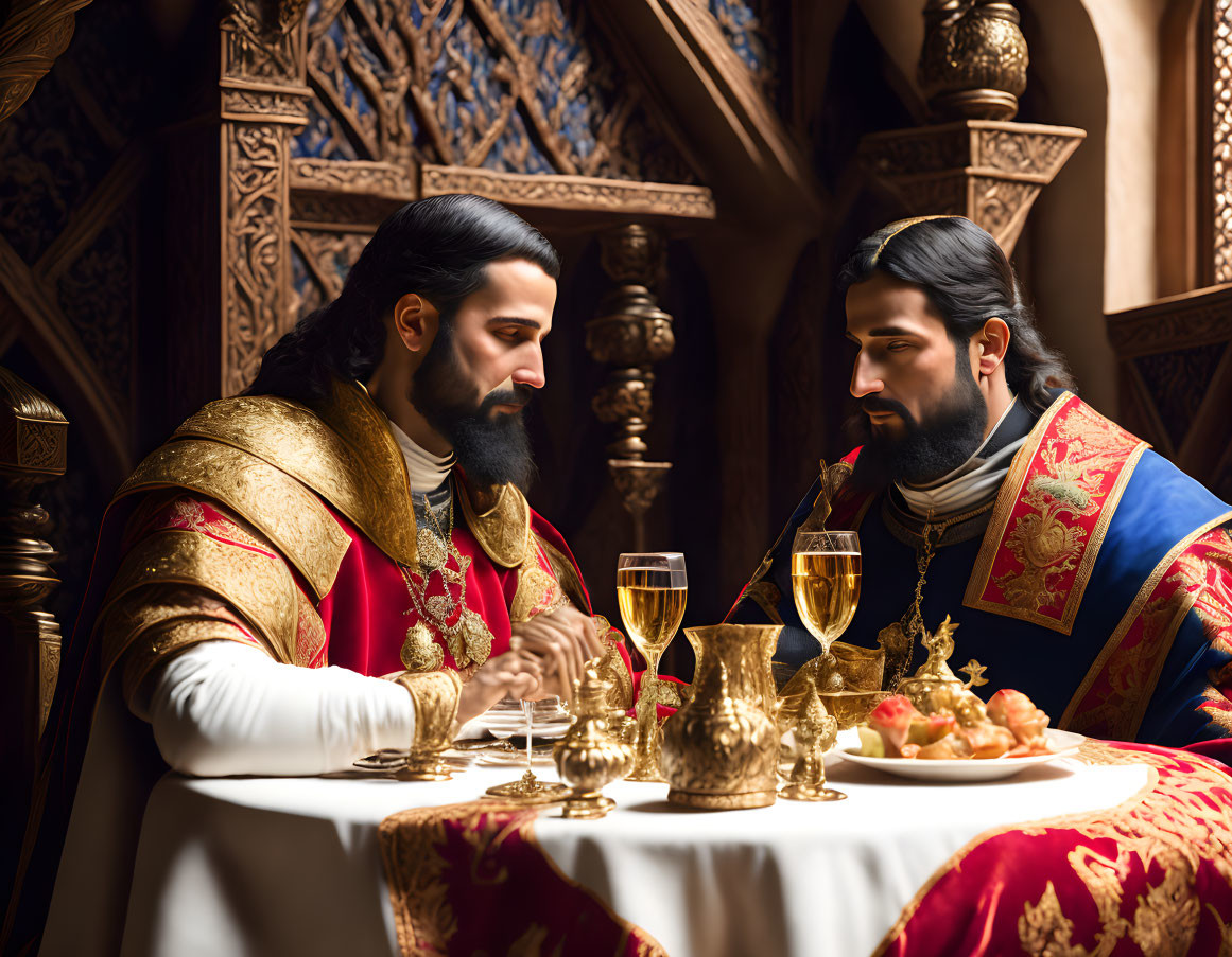 Men in historical royal attire conversing at ornate table with goblets and food.