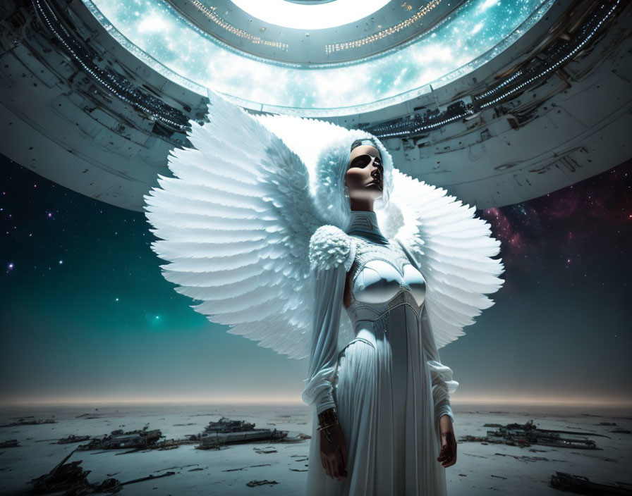 Serene figure with white wings in futuristic setting with cosmic backdrop