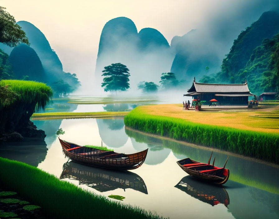 Scenic river view with boats, traditional building, greenery, and misty mountains