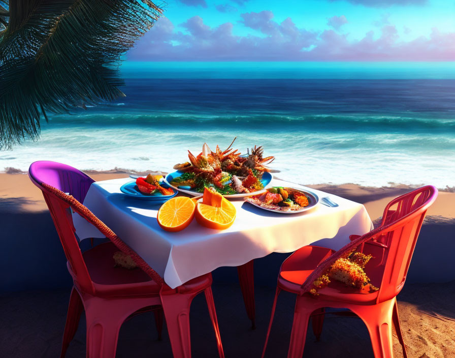 Seaside dining setup with seafood dishes and red chairs