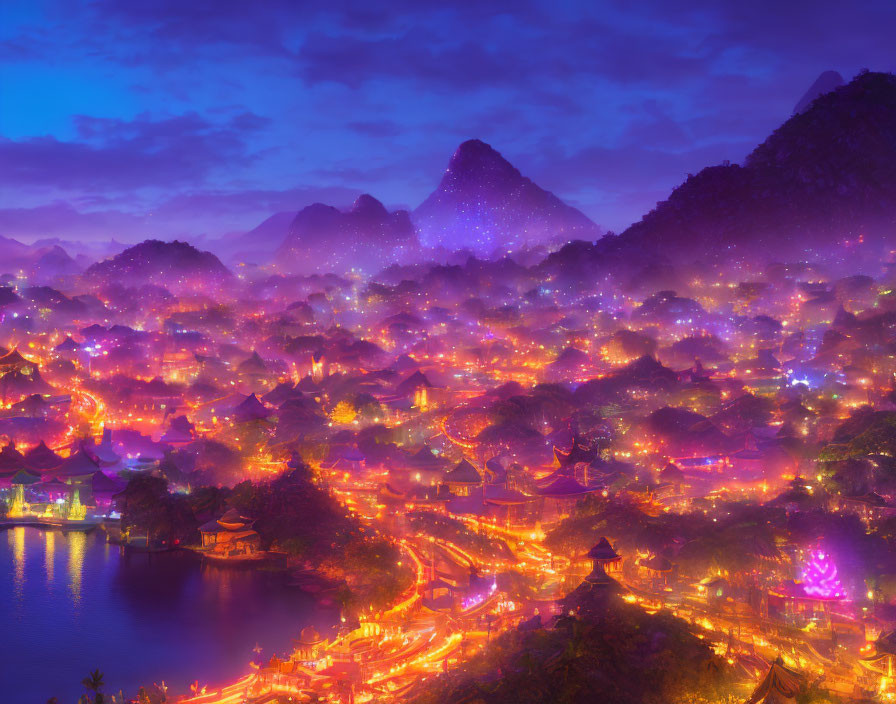 Picturesque town in misty mountain twilight with purple and orange lights