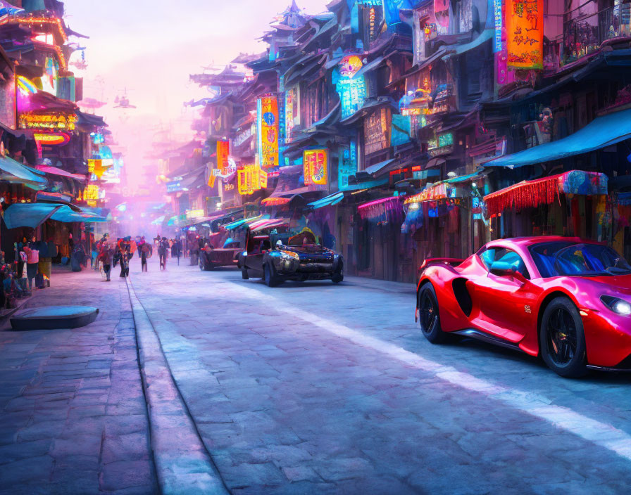 Neon-lit street scene with futuristic cars and market stalls